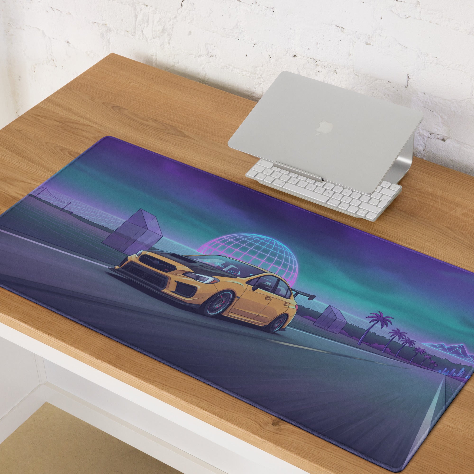 Subaru WRX STI VA Inspired Yellow Purple Vaporwave Gaming Mouse Pad, Neon JDM Rally Car Desk Mat with Retro Futuristic Highway Sunset Artwork