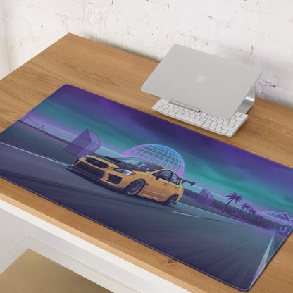Subaru WRX STI VA Inspired Yellow Purple Vaporwave Gaming Mouse Pad, Neon JDM Rally Car Desk Mat with Retro Futuristic Highway Sunset Artwork