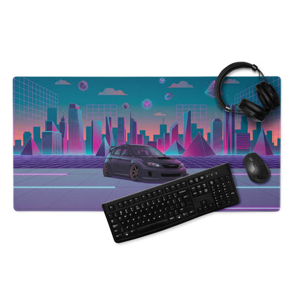 Subaru Impreza WRX STI Hatchback Inspired Black Pink Vaporwave Gaming Mouse Pad, Neon JDM Rally Car Desk Mat with Retro Futuristic Cyber City Artwork