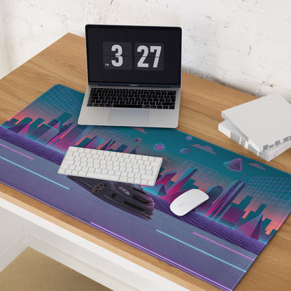 Subaru Impreza WRX STI Hatchback Inspired Black Pink Vaporwave Gaming Mouse Pad, Neon JDM Rally Car Desk Mat with Retro Futuristic Cyber City Artwork
