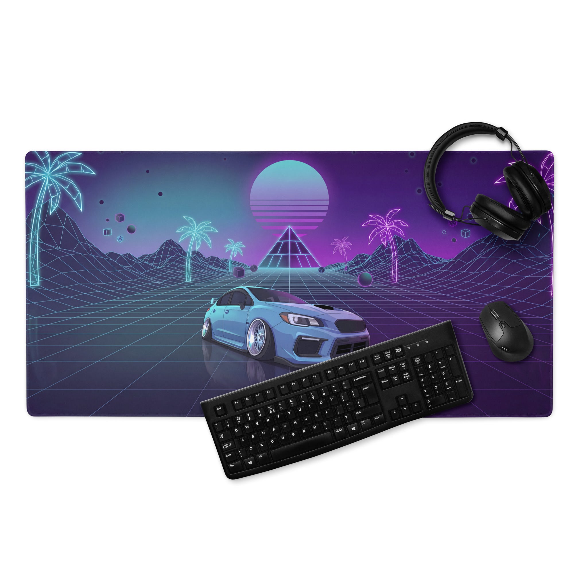 Subaru WRX STI VA Inspired Blue Purple Vaporwave Gaming Mouse Pad, Neon JDM Rally Car Desk Mat with Retro Futuristic Palm Grid Artwork