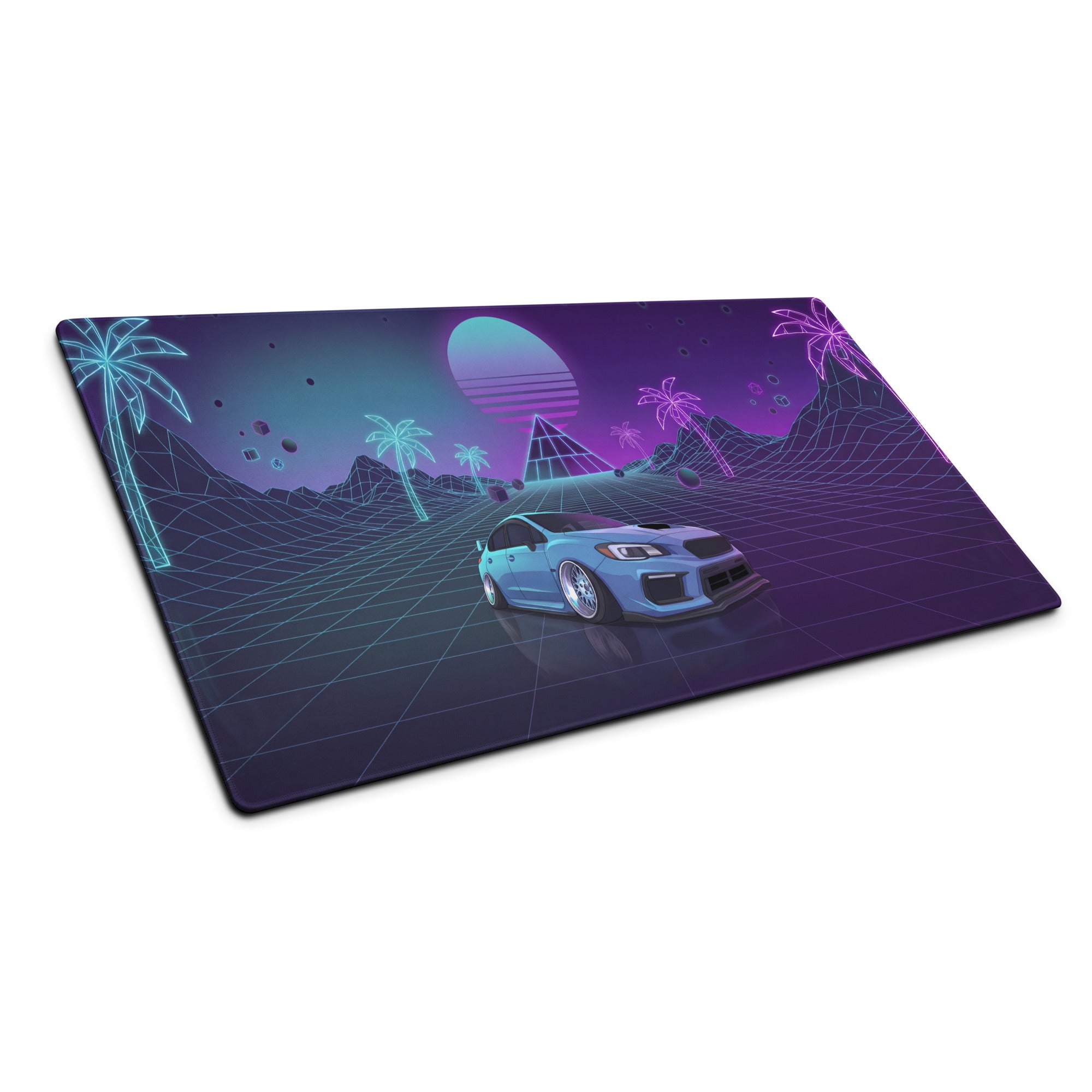 Subaru WRX STI VA Inspired Blue Purple Vaporwave Gaming Mouse Pad, Neon JDM Rally Car Desk Mat with Retro Futuristic Palm Grid Artwork