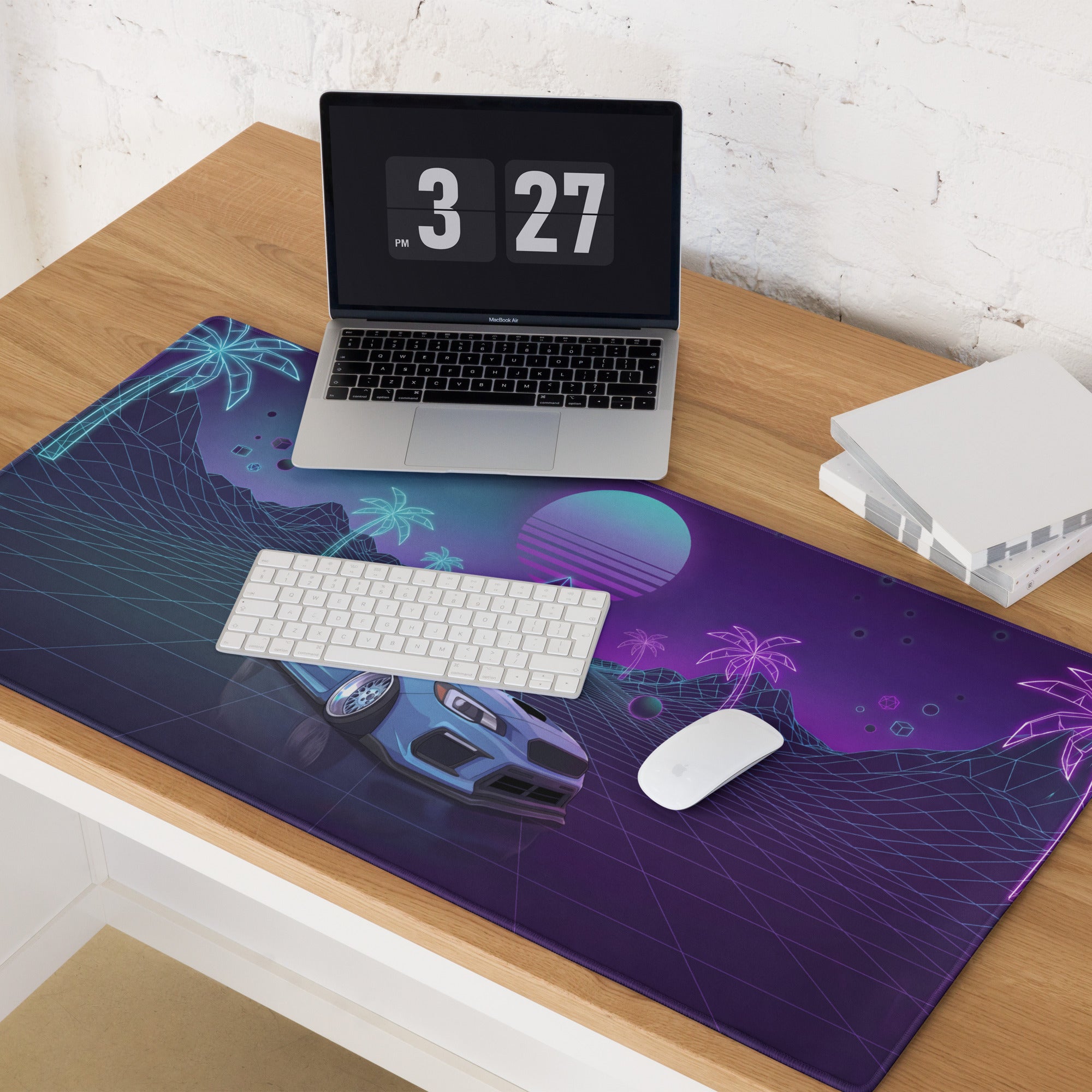 Subaru WRX STI VA Inspired Blue Purple Vaporwave Gaming Mouse Pad, Neon JDM Rally Car Desk Mat with Retro Futuristic Palm Grid Artwork