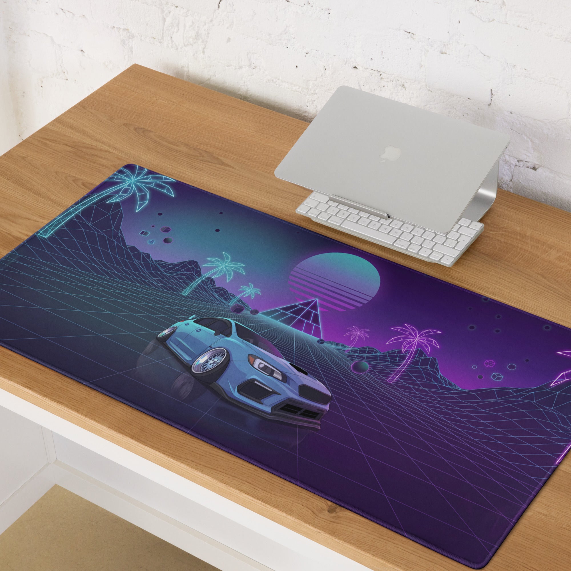 Subaru WRX STI VA Inspired Blue Purple Vaporwave Gaming Mouse Pad, Neon JDM Rally Car Desk Mat with Retro Futuristic Palm Grid Artwork