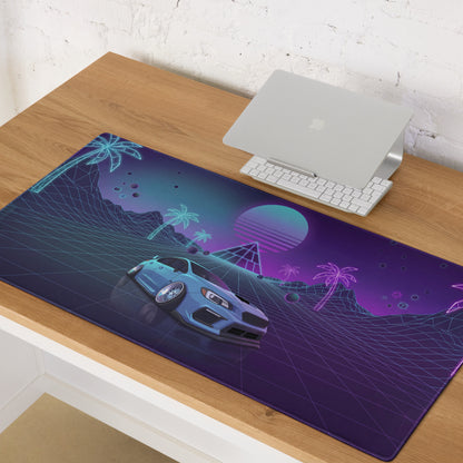 Subaru WRX STI VA Inspired Blue Purple Vaporwave Gaming Mouse Pad, Neon JDM Rally Car Desk Mat with Retro Futuristic Palm Grid Artwork