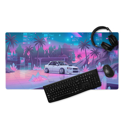 Subaru Impreza WRX STI Blobeye Inspired White Pink Vaporwave Gaming Mouse Pad, Neon JDM Rally Car Desk Mat with Futuristic Crystal Cyber Artwork