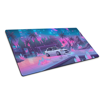 Subaru Impreza WRX STI Blobeye Inspired White Pink Vaporwave Gaming Mouse Pad, Neon JDM Rally Car Desk Mat with Futuristic Crystal Cyber Artwork