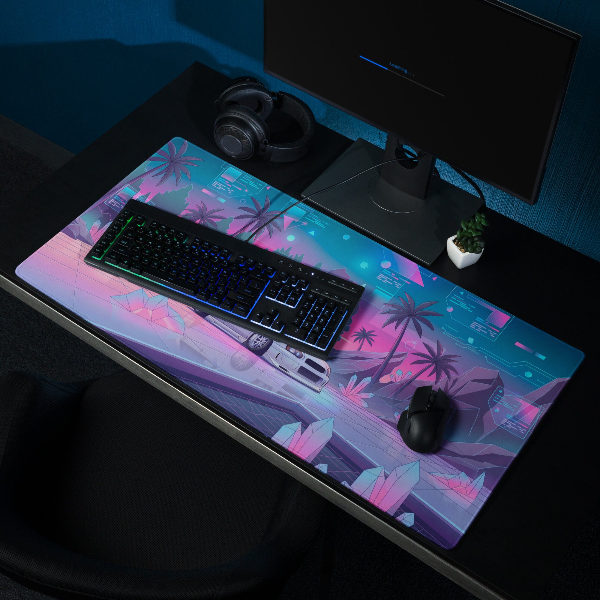 Subaru Impreza WRX STI Blobeye Inspired White Pink Vaporwave Gaming Mouse Pad, Neon JDM Rally Car Desk Mat with Futuristic Crystal Cyber Artwork