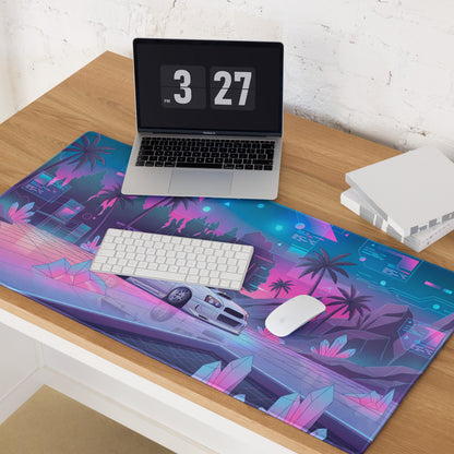 Subaru Impreza WRX STI Blobeye Inspired White Pink Vaporwave Gaming Mouse Pad, Neon JDM Rally Car Desk Mat with Futuristic Crystal Cyber Artwork