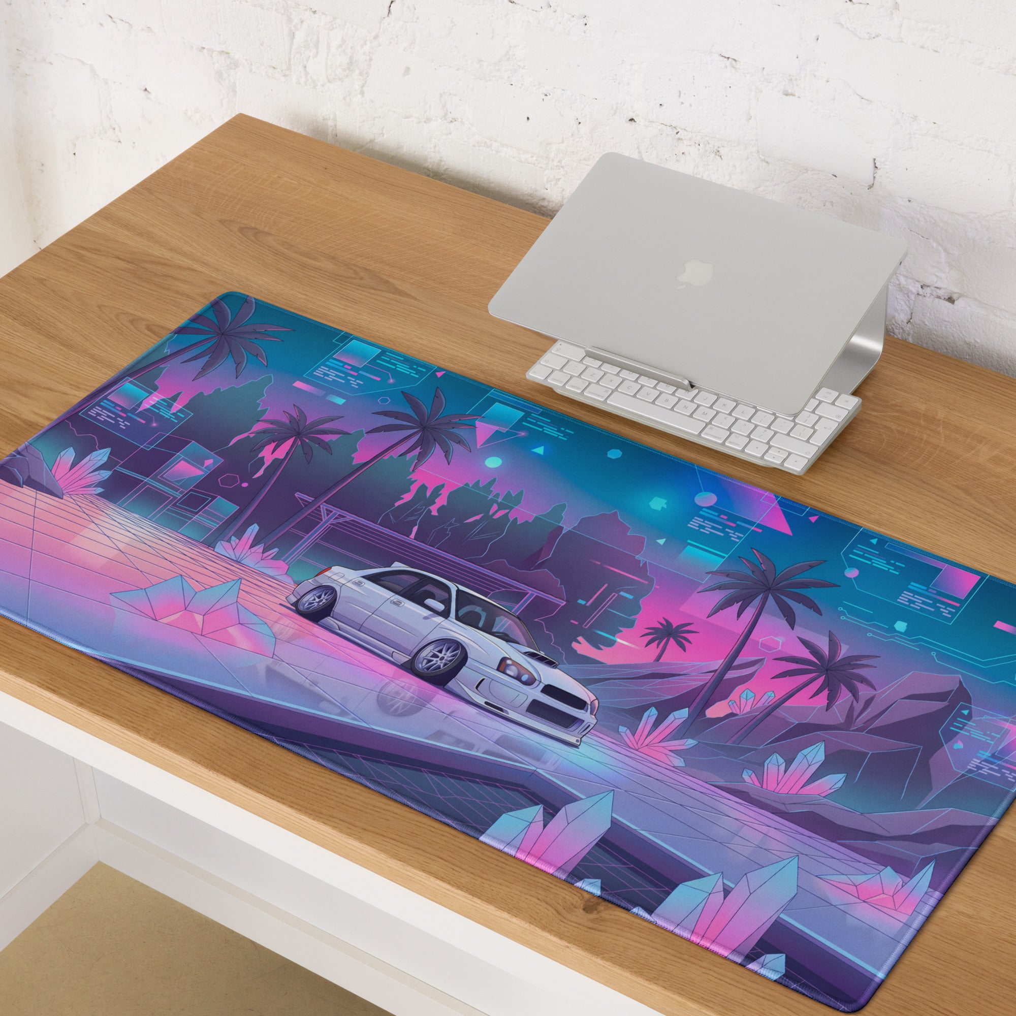 Subaru Impreza WRX STI Blobeye Inspired White Pink Vaporwave Gaming Mouse Pad, Neon JDM Rally Car Desk Mat with Futuristic Crystal Cyber Artwork