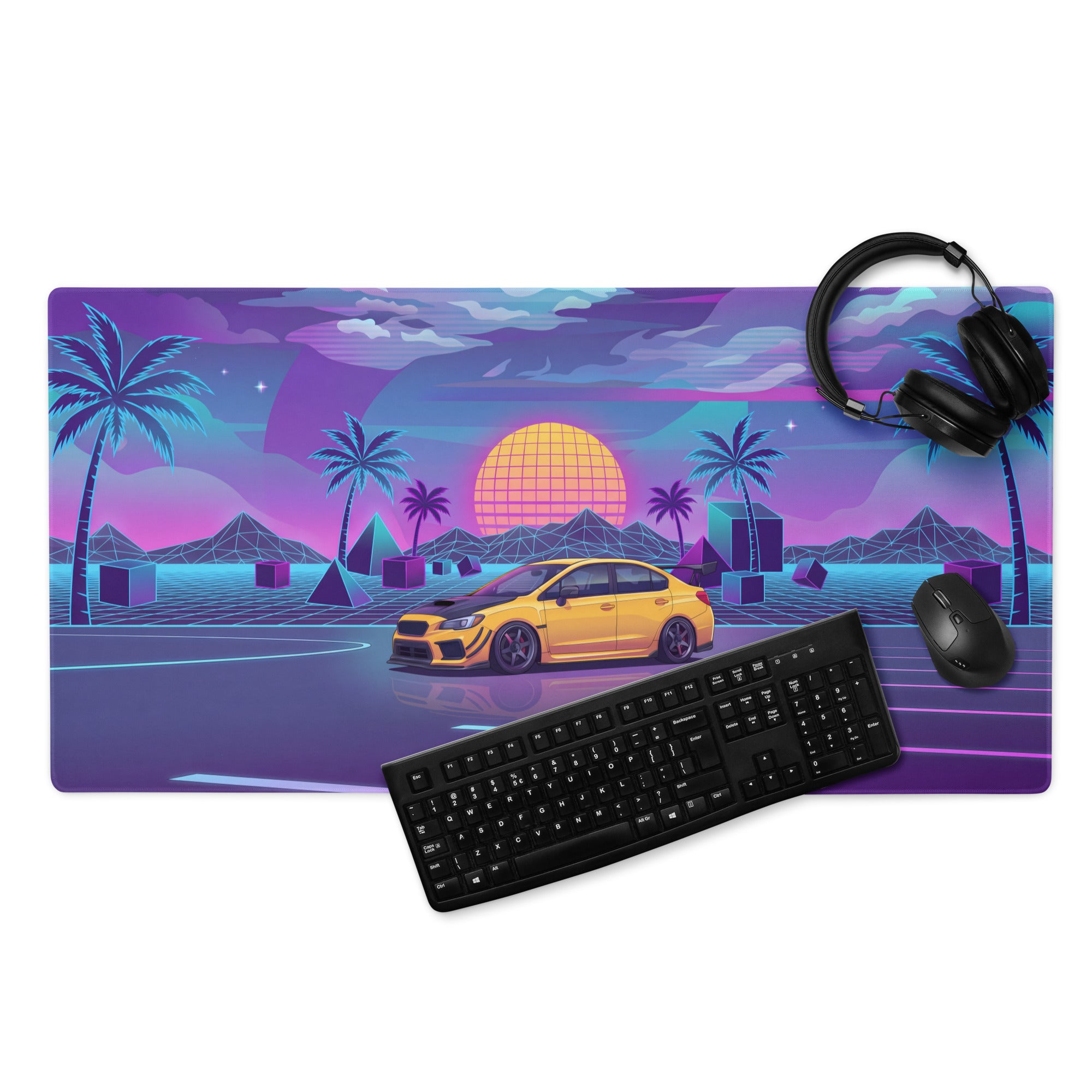 Subaru WRX STI VA Inspired Yellow Purple Vaporwave Gaming Mouse Pad, Neon JDM Rally Car Desk Mat with Retro Futuristic Palm Sunset Artwork