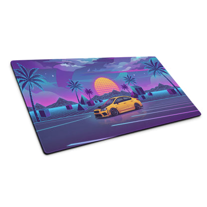 Subaru WRX STI VA Inspired Yellow Purple Vaporwave Gaming Mouse Pad, Neon JDM Rally Car Desk Mat with Retro Futuristic Palm Sunset Artwork