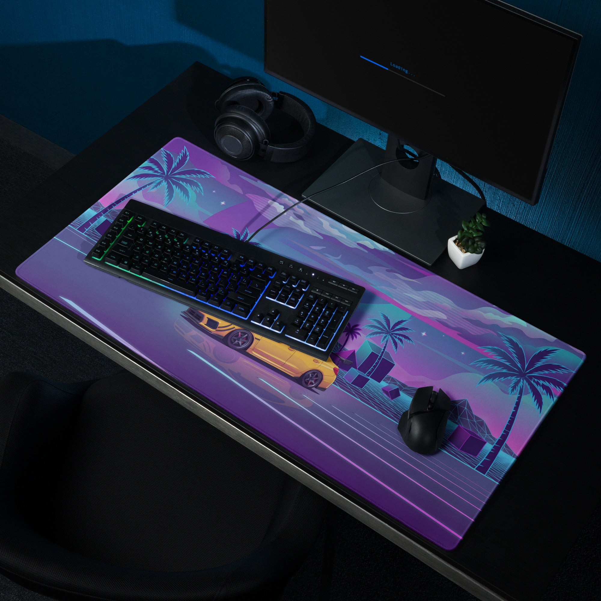 Subaru WRX STI VA Inspired Yellow Purple Vaporwave Gaming Mouse Pad, Neon JDM Rally Car Desk Mat with Retro Futuristic Palm Sunset Artwork