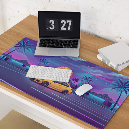 Subaru WRX STI VA Inspired Yellow Purple Vaporwave Gaming Mouse Pad, Neon JDM Rally Car Desk Mat with Retro Futuristic Palm Sunset Artwork