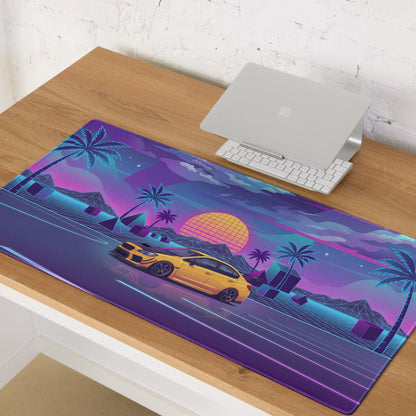 Subaru WRX STI VA Inspired Yellow Purple Vaporwave Gaming Mouse Pad, Neon JDM Rally Car Desk Mat with Retro Futuristic Palm Sunset Artwork
