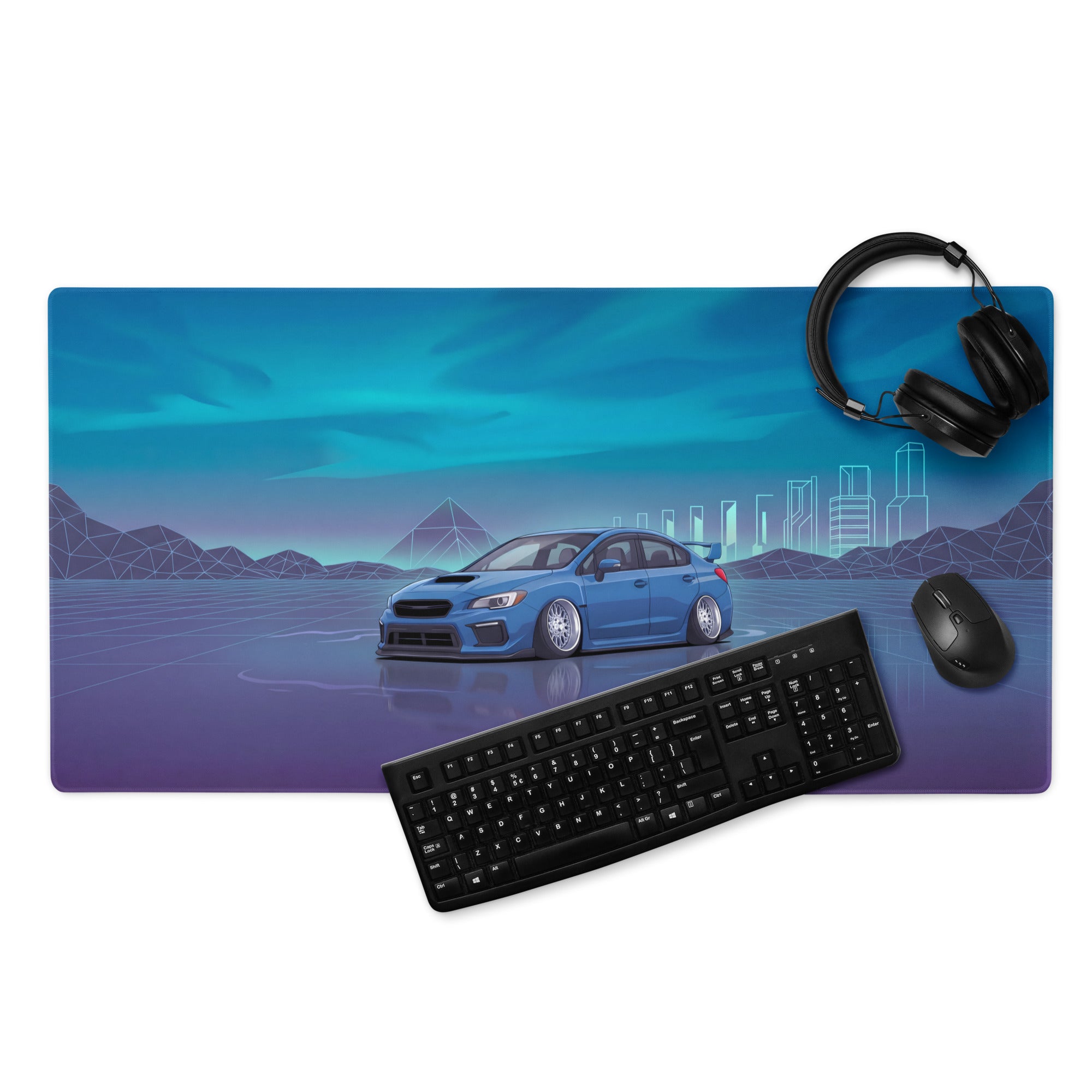 Subaru WRX STI VA Inspired Blue Cyan Vaporwave Gaming Mouse Pad, Neon JDM Rally Car Desk Mat with Retro Futuristic City Grid Artwork