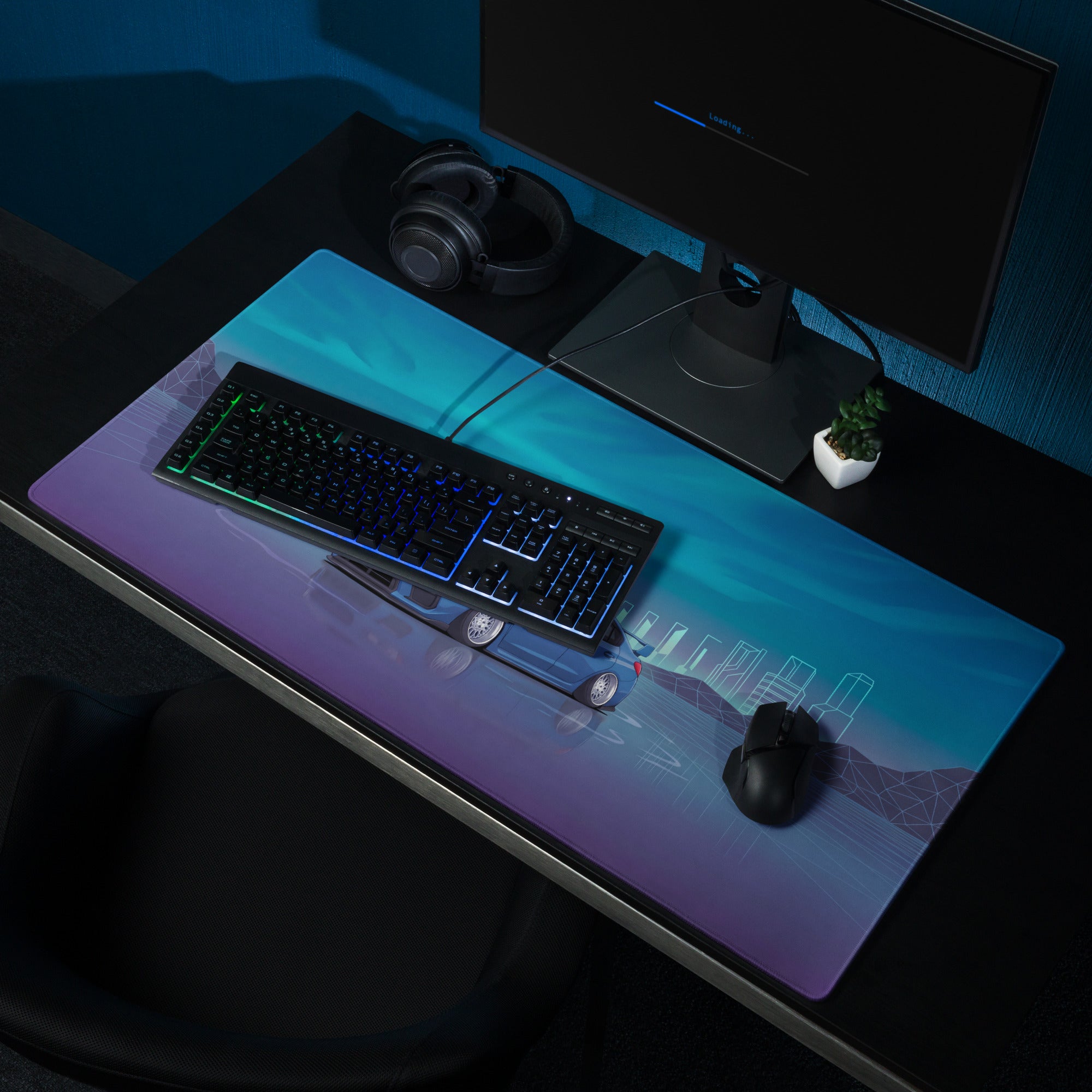 Subaru WRX STI VA Inspired Blue Cyan Vaporwave Gaming Mouse Pad, Neon JDM Rally Car Desk Mat with Retro Futuristic City Grid Artwork