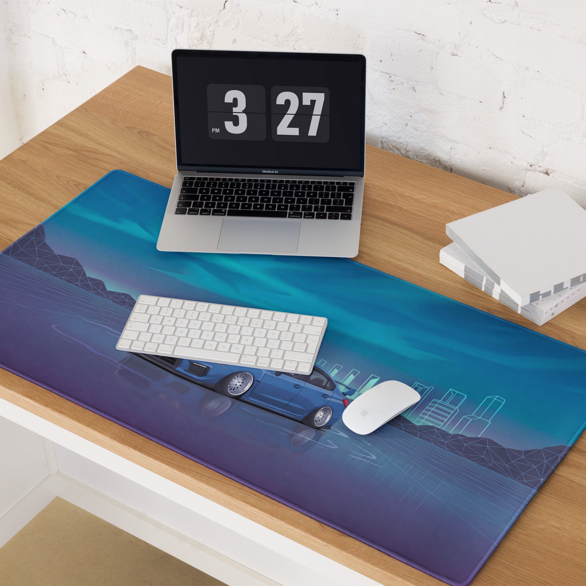 Subaru WRX STI VA Inspired Blue Cyan Vaporwave Gaming Mouse Pad, Neon JDM Rally Car Desk Mat with Retro Futuristic City Grid Artwork