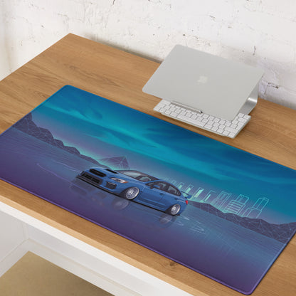 Subaru WRX STI VA Inspired Blue Cyan Vaporwave Gaming Mouse Pad, Neon JDM Rally Car Desk Mat with Retro Futuristic City Grid Artwork