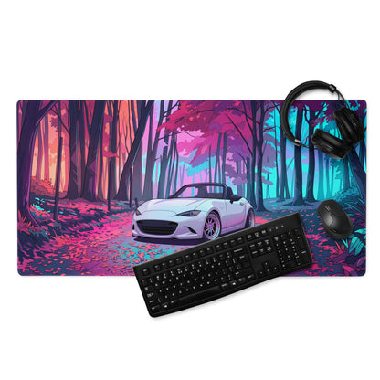 Mazda MX-5 Miata ND Inspired White Pink Vaporwave Gaming Mouse Pad, Japanese Roadster Desk Mat with Neon Forest and Dreamy Retro Artwork