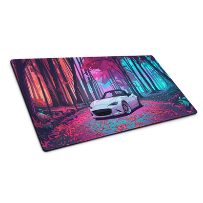 Mazda MX-5 Miata ND Inspired White Pink Vaporwave Gaming Mouse Pad, Japanese Roadster Desk Mat with Neon Forest and Dreamy Retro Artwork