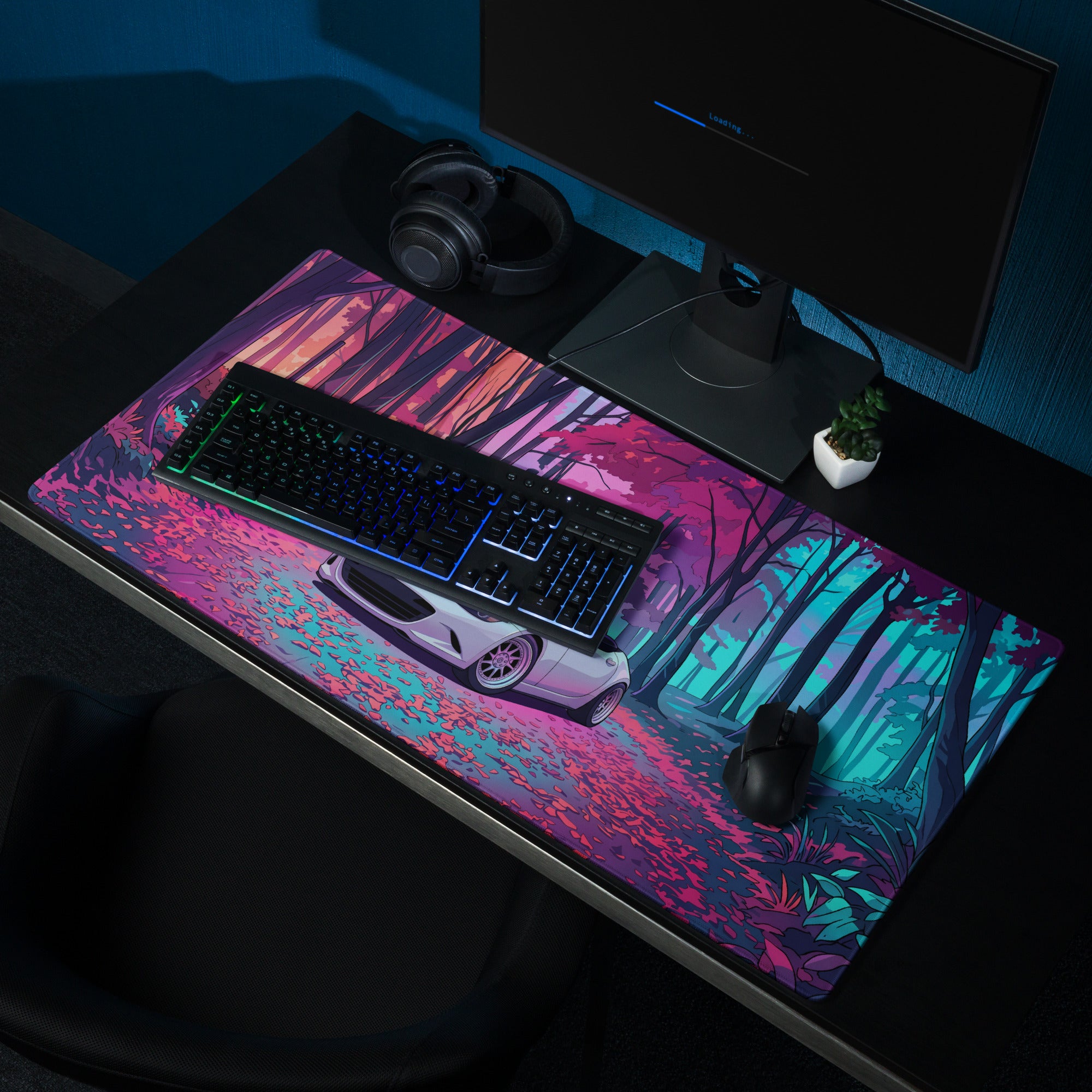 Mazda MX-5 Miata ND Inspired White Pink Vaporwave Gaming Mouse Pad, Japanese Roadster Desk Mat with Neon Forest and Dreamy Retro Artwork