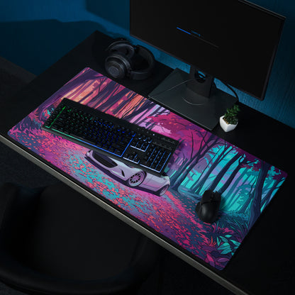 Mazda MX-5 Miata ND Inspired White Pink Vaporwave Gaming Mouse Pad, Japanese Roadster Desk Mat with Neon Forest and Dreamy Retro Artwork