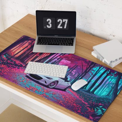 Mazda MX-5 Miata ND Inspired White Pink Vaporwave Gaming Mouse Pad, Japanese Roadster Desk Mat with Neon Forest and Dreamy Retro Artwork