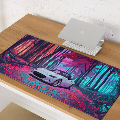 Mazda MX-5 Miata ND Inspired White Pink Vaporwave Gaming Mouse Pad, Japanese Roadster Desk Mat with Neon Forest and Dreamy Retro Artwork