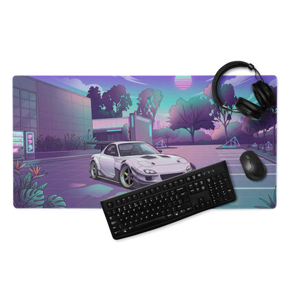 Mazda RX-7 FD Inspired White Purple Vaporwave Gaming Mouse Pad, Neon JDM Sports Car Desk Mat with Retro Futuristic Japanese City Artwork
