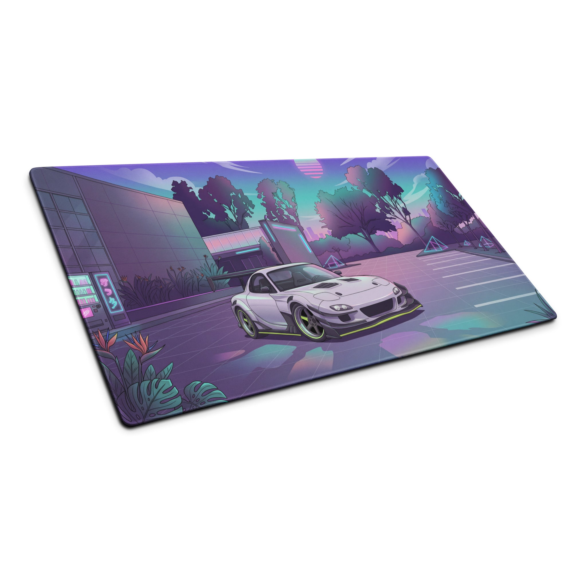 Mazda RX-7 FD Inspired White Purple Vaporwave Gaming Mouse Pad, Neon JDM Sports Car Desk Mat with Retro Futuristic Japanese City Artwork
