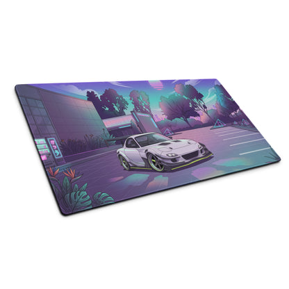 Mazda RX-7 FD Inspired White Purple Vaporwave Gaming Mouse Pad, Neon JDM Sports Car Desk Mat with Retro Futuristic Japanese City Artwork