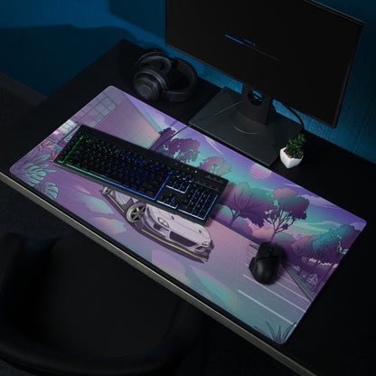 Mazda RX-7 FD Inspired White Purple Vaporwave Gaming Mouse Pad, Neon JDM Sports Car Desk Mat with Retro Futuristic Japanese City Artwork