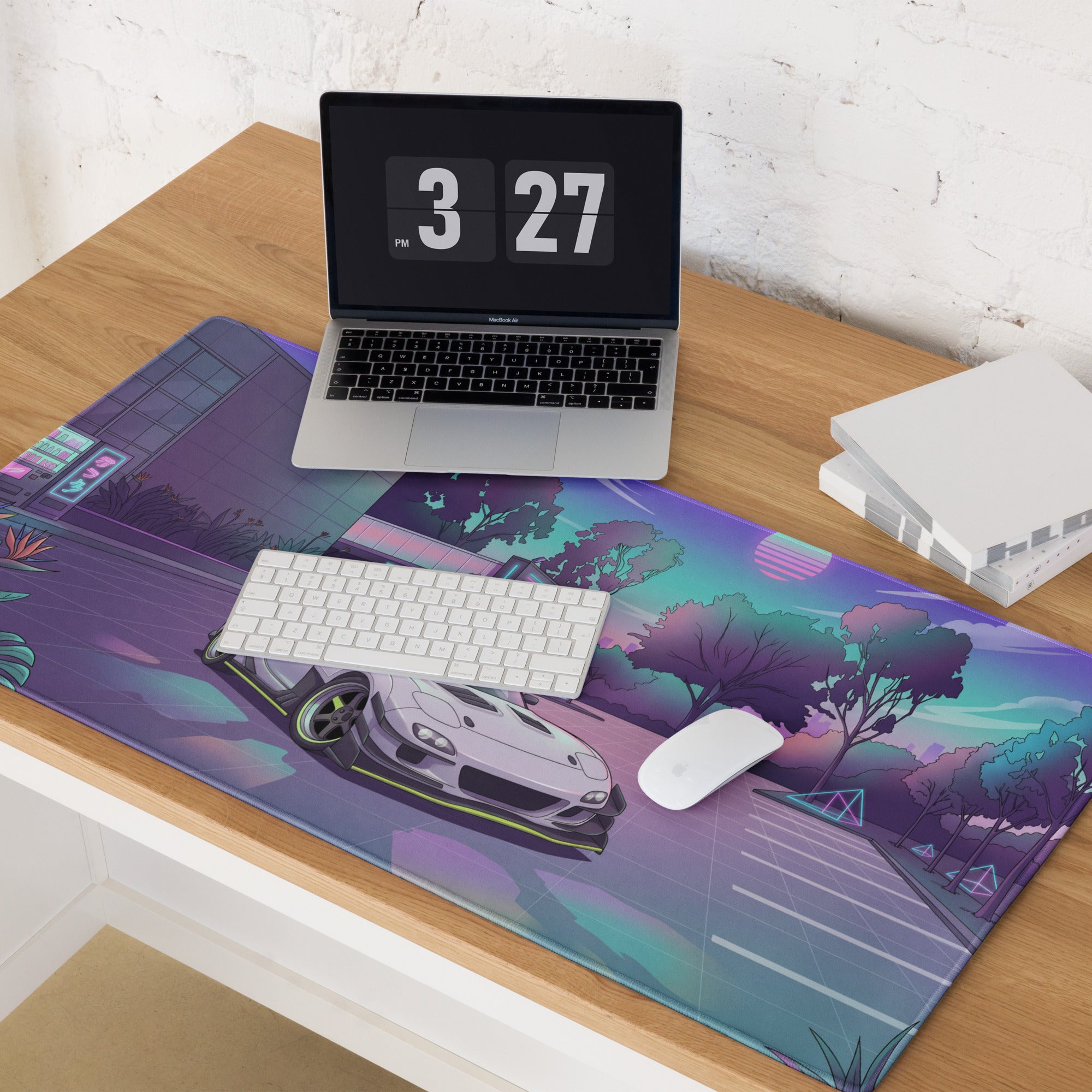 Mazda RX-7 FD Inspired White Purple Vaporwave Gaming Mouse Pad, Neon JDM Sports Car Desk Mat with Retro Futuristic Japanese City Artwork