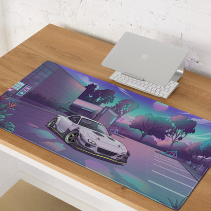 Mazda RX-7 FD Inspired White Purple Vaporwave Gaming Mouse Pad, Neon JDM Sports Car Desk Mat with Retro Futuristic Japanese City Artwork