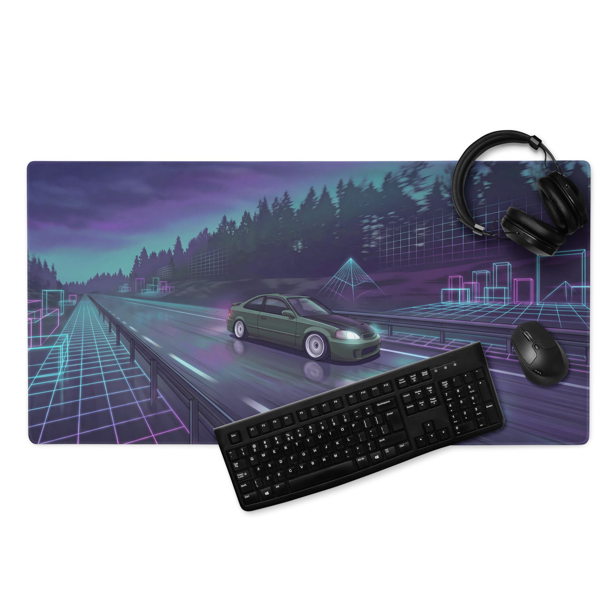 Honda Civic Si EM1 Inspired Green Purple Vaporwave Gaming Mouse Pad, Neon JDM Tuner Car Desk Mat with Retro Futuristic Highway Artwork