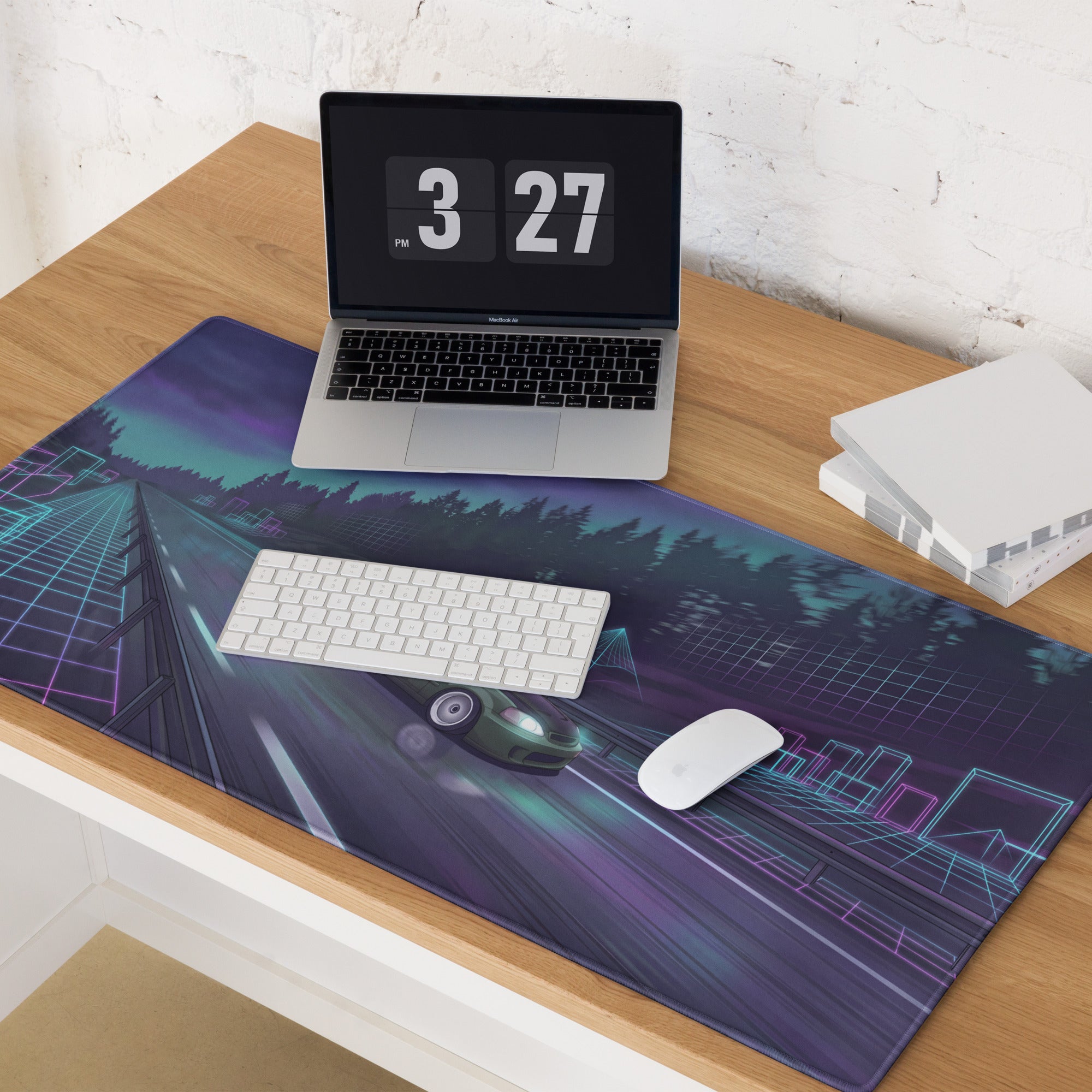 Honda Civic Si EM1 Inspired Green Purple Vaporwave Gaming Mouse Pad, Neon JDM Tuner Car Desk Mat with Retro Futuristic Highway Artwork