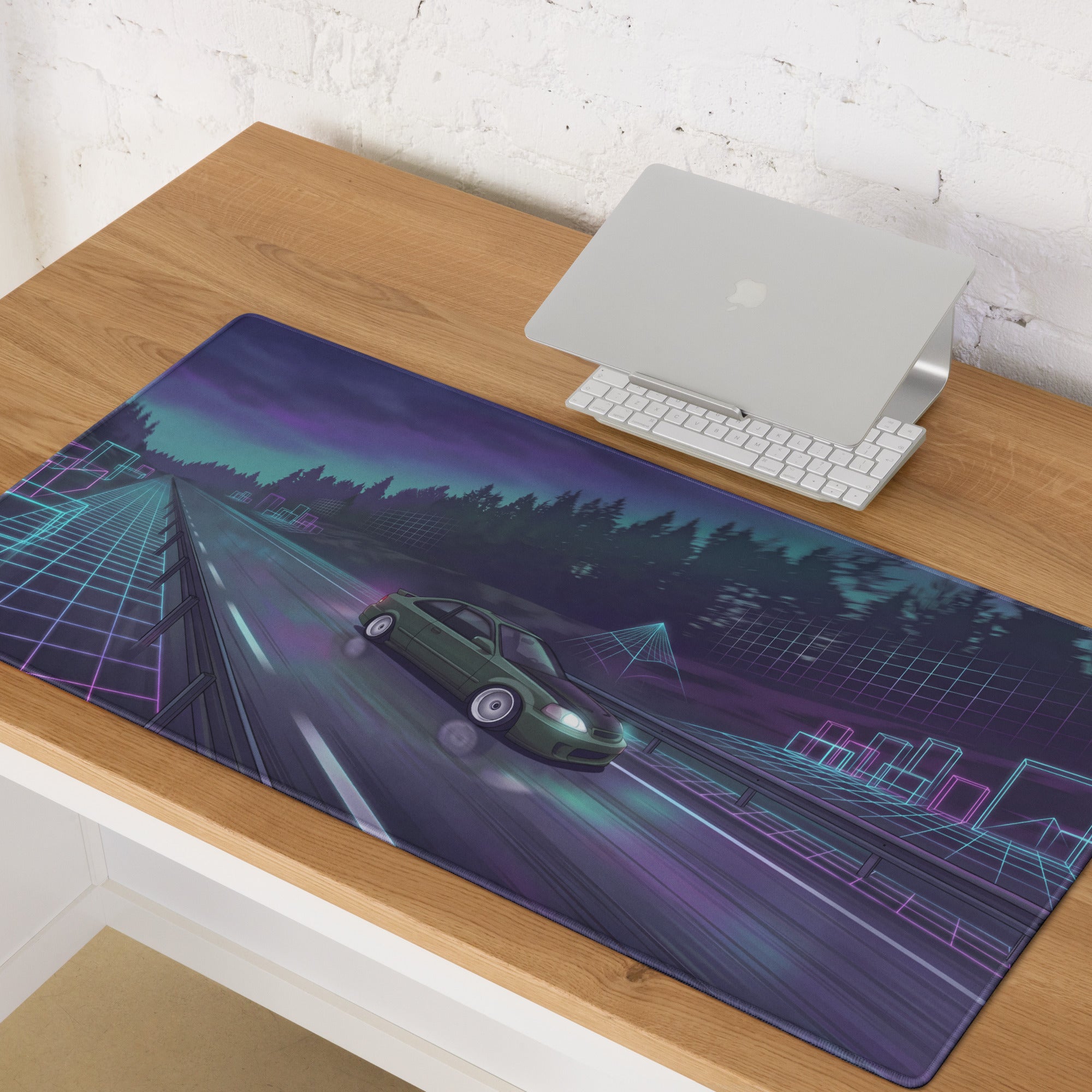 Honda Civic Si EM1 Inspired Green Purple Vaporwave Gaming Mouse Pad, Neon JDM Tuner Car Desk Mat with Retro Futuristic Highway Artwork