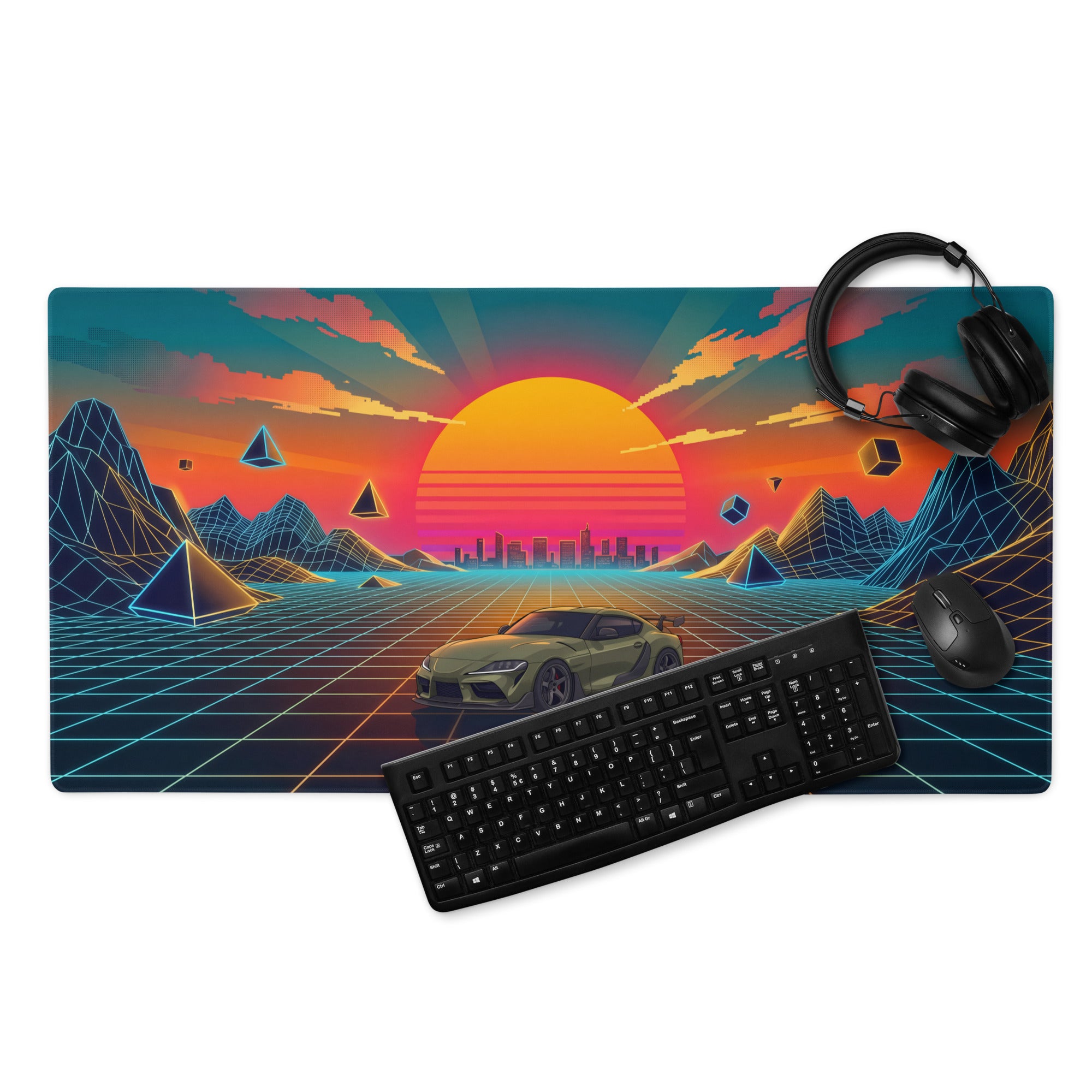Toyota GR Supra A90 Inspired Olive Green Orange Vaporwave Gaming Mouse Pad, Neon JDM Sports Car Desk Mat with Retro Futuristic Sunset Grid Artwork