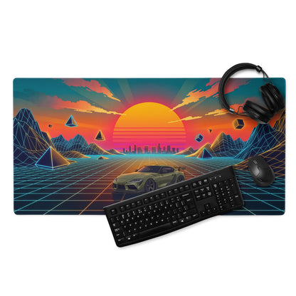 Toyota GR Supra A90 Inspired Olive Green Orange Vaporwave Gaming Mouse Pad, Neon JDM Sports Car Desk Mat with Retro Futuristic Sunset Grid Artwork