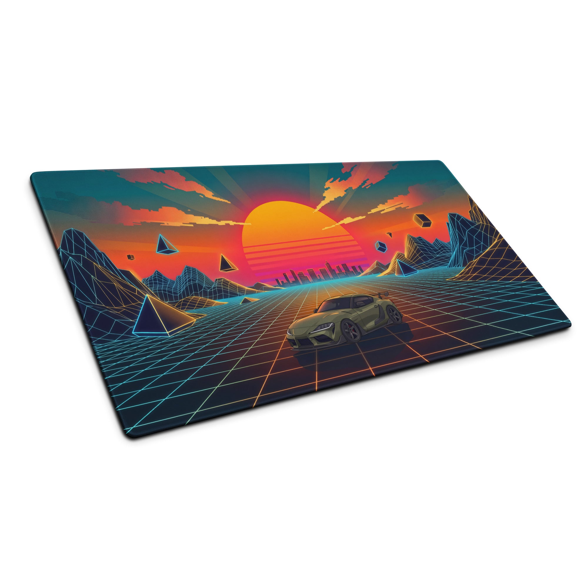 Toyota GR Supra A90 Inspired Olive Green Orange Vaporwave Gaming Mouse Pad, Neon JDM Sports Car Desk Mat with Retro Futuristic Sunset Grid Artwork