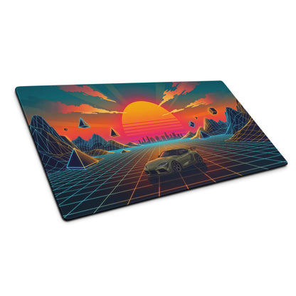 Toyota GR Supra A90 Inspired Olive Green Orange Vaporwave Gaming Mouse Pad, Neon JDM Sports Car Desk Mat with Retro Futuristic Sunset Grid Artwork