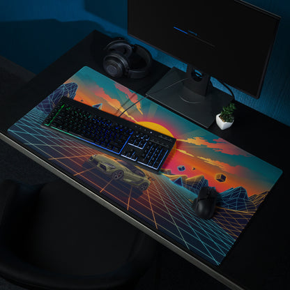 Toyota GR Supra A90 Inspired Olive Green Orange Vaporwave Gaming Mouse Pad, Neon JDM Sports Car Desk Mat with Retro Futuristic Sunset Grid Artwork
