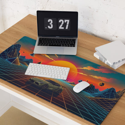 Toyota GR Supra A90 Inspired Olive Green Orange Vaporwave Gaming Mouse Pad, Neon JDM Sports Car Desk Mat with Retro Futuristic Sunset Grid Artwork