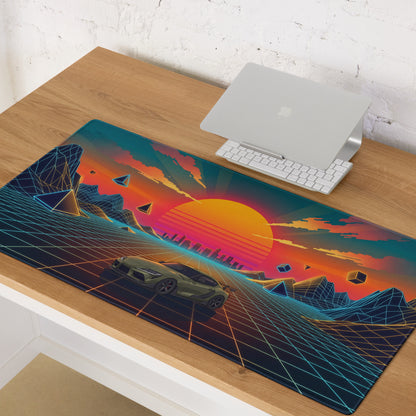 Toyota GR Supra A90 Inspired Olive Green Orange Vaporwave Gaming Mouse Pad, Neon JDM Sports Car Desk Mat with Retro Futuristic Sunset Grid Artwork
