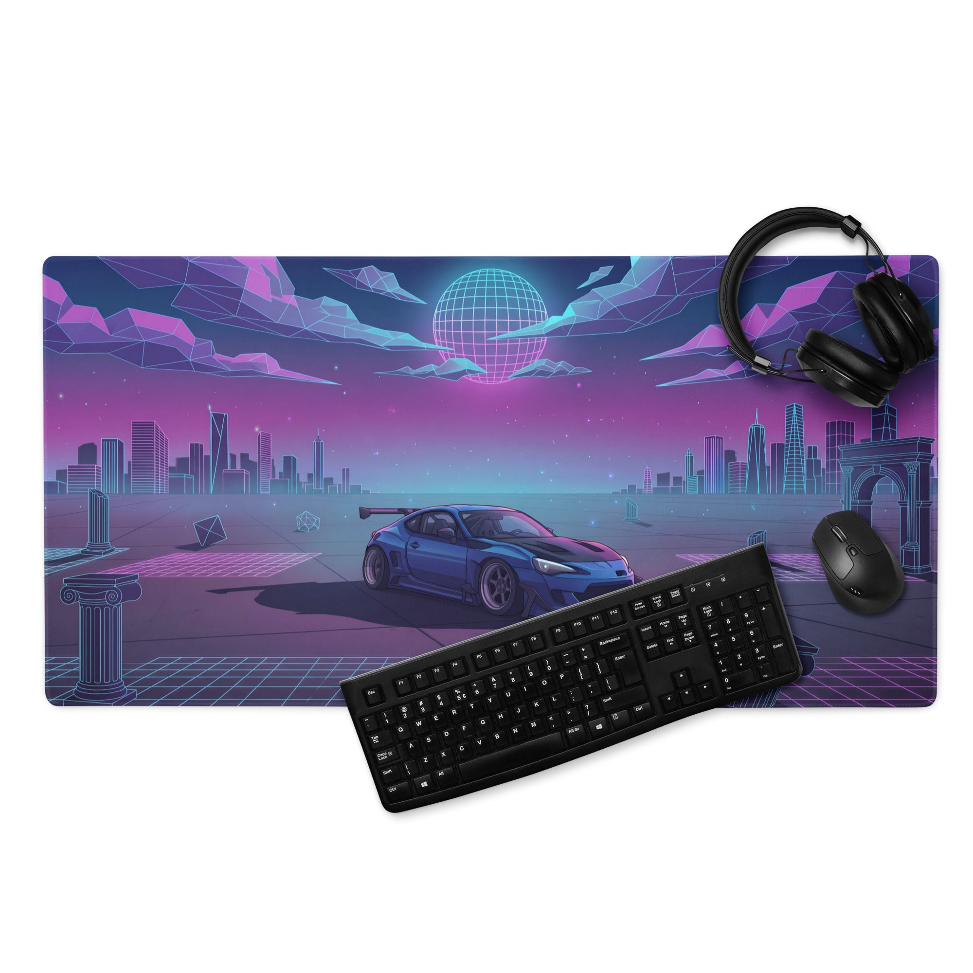 Toyota 86 Inspired Blue Purple Vaporwave Gaming Mouse Pad, Neon JDM Sports Car Desk Mat with Retro Futuristic Cyber City Ruins Artwork