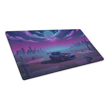 Toyota 86 Inspired Blue Purple Vaporwave Gaming Mouse Pad, Neon JDM Sports Car Desk Mat with Retro Futuristic Cyber City Ruins Artwork
