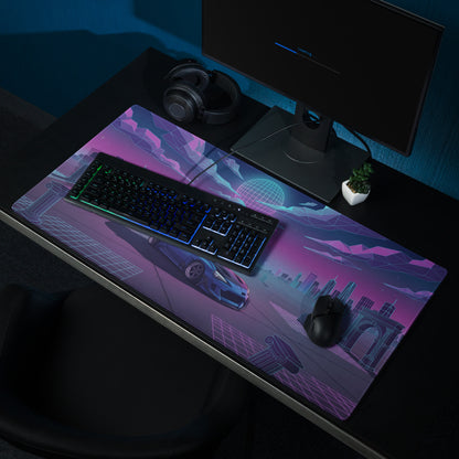 Toyota 86 Inspired Blue Purple Vaporwave Gaming Mouse Pad, Neon JDM Sports Car Desk Mat with Retro Futuristic Cyber City Ruins Artwork