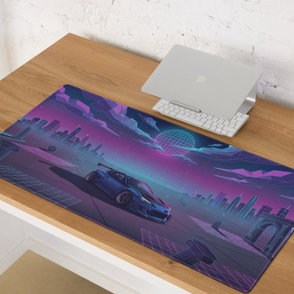 Toyota 86 Inspired Blue Purple Vaporwave Gaming Mouse Pad, Neon JDM Sports Car Desk Mat with Retro Futuristic Cyber City Ruins Artwork