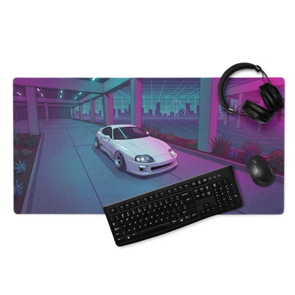 Toyota Supra MK4 A80 Inspired White Purple Vaporwave Gaming Mouse Pad, Neon JDM Sports Car Desk Mat with Retro Futuristic Cyber City Artwork